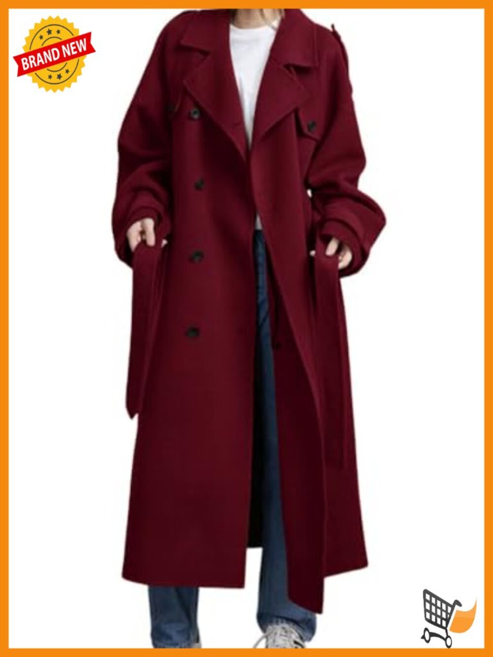 Women's Wool Blend Double Breasted Midi Pea Coat Belted Winter Overcoat